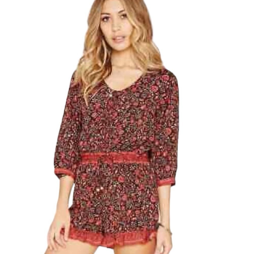 Raga Anthropologie Small Floral Ruffle Button Romper Drawstring Granada Boho
